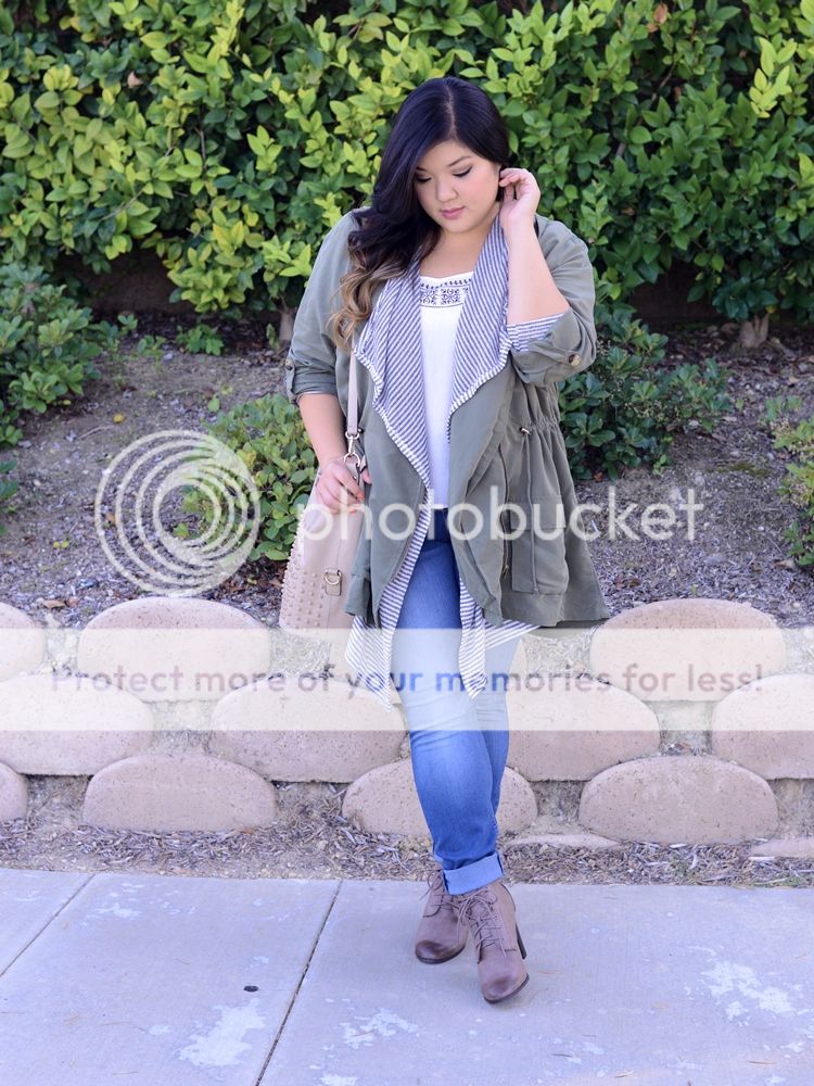 Curvy Girl Chic Plus Size Fashion Blog Charlotte Russe Anorak Skinny Jeans Lace Up Boots