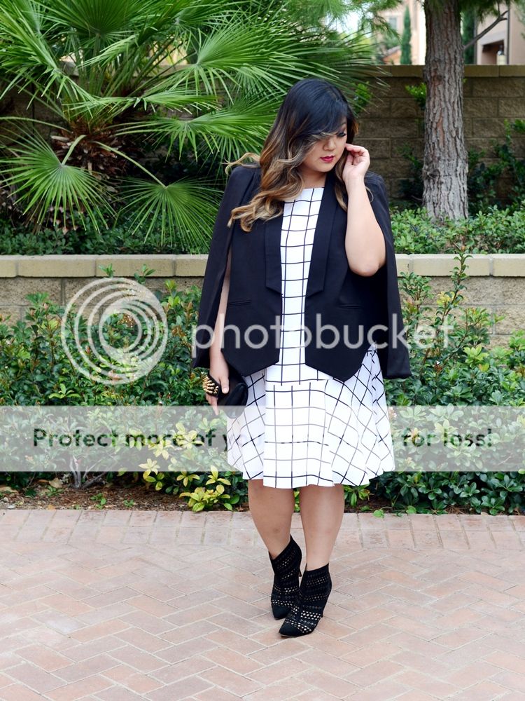 Curvy Girl Chic Plus Size Fashion Blog Monochrome Black and White Outfit Checkered Dress and Cape Blazer