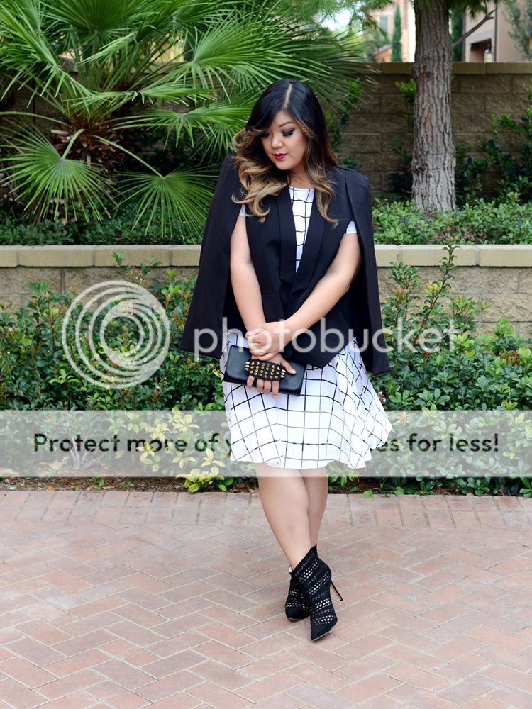 Curvy Girl Chic Plus Size Fashion Blog Monochrome Black and White Outfit Checkered Dress and Cape Blazer
