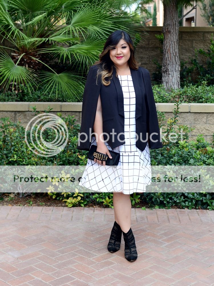Curvy Girl Chic Plus Size Fashion Blog Monochrome Black and White Outfit Checkered Dress and Cape Blazer