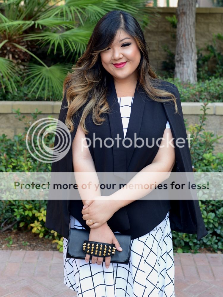 Curvy Girl Chic Plus Size Fashion Blog Monochrome Black and White Outfit Checkered Dress and Cape Blazer