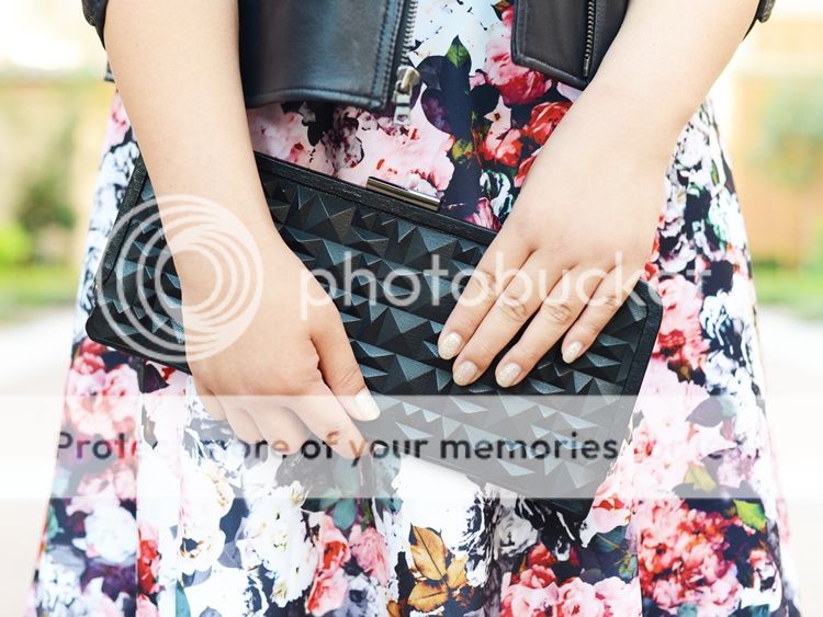 Curvy Girl Chic Plus Size Fashion Blog Fall Florals Kenneth Cole Studded Clutch