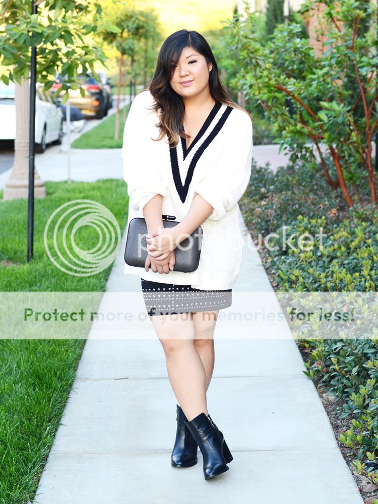 Curvy Girl Chic Plus Size Fashion Blog Chunky Sweater Studded Skirt Outfit