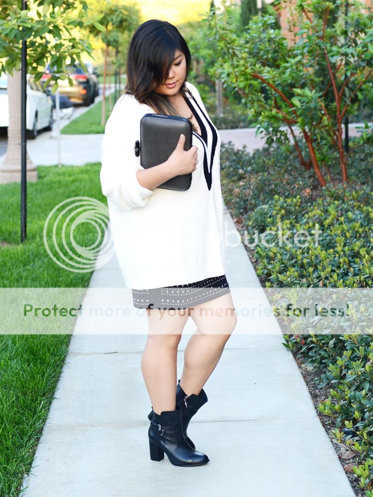Curvy Girl Chic Plus Size Fashion Blog Chunky Sweater Studded Skirt Outfit