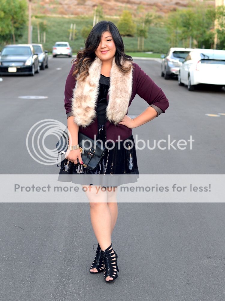 Curvy Girl Chic Plus Size Fashion Blog Everyday Glam Outfit Idea Faux Fur Stole and Sequin Skirt