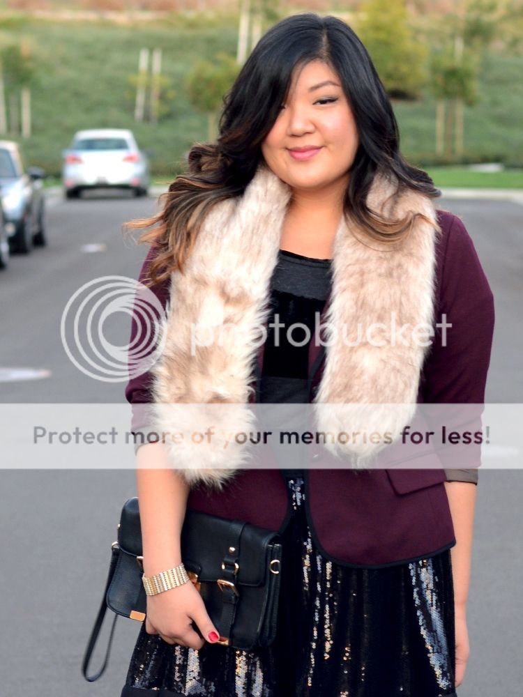 Curvy Girl Chic Plus Size Fashion Blog Everyday Glam Outfit Idea Faux Fur Stole and Sequin Skirt