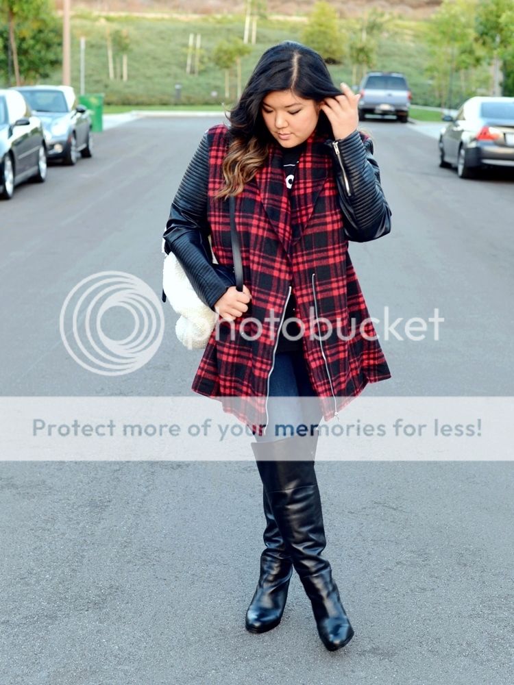 Curvy Girl Chic Plus Size Fashion Blog Outfit Missguided+ Plaid Coat Wide Calf Over the Knee Boots