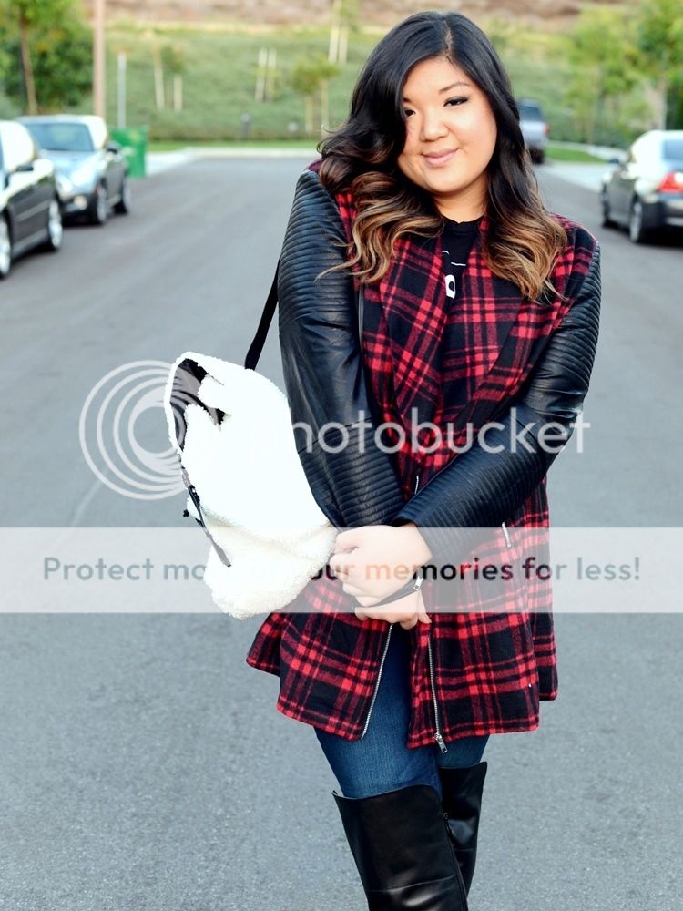 Curvy Girl Chic Plus Size Fashion Blog Outfit Missguided+ Plaid Coat Wide Calf Over the Knee Boots