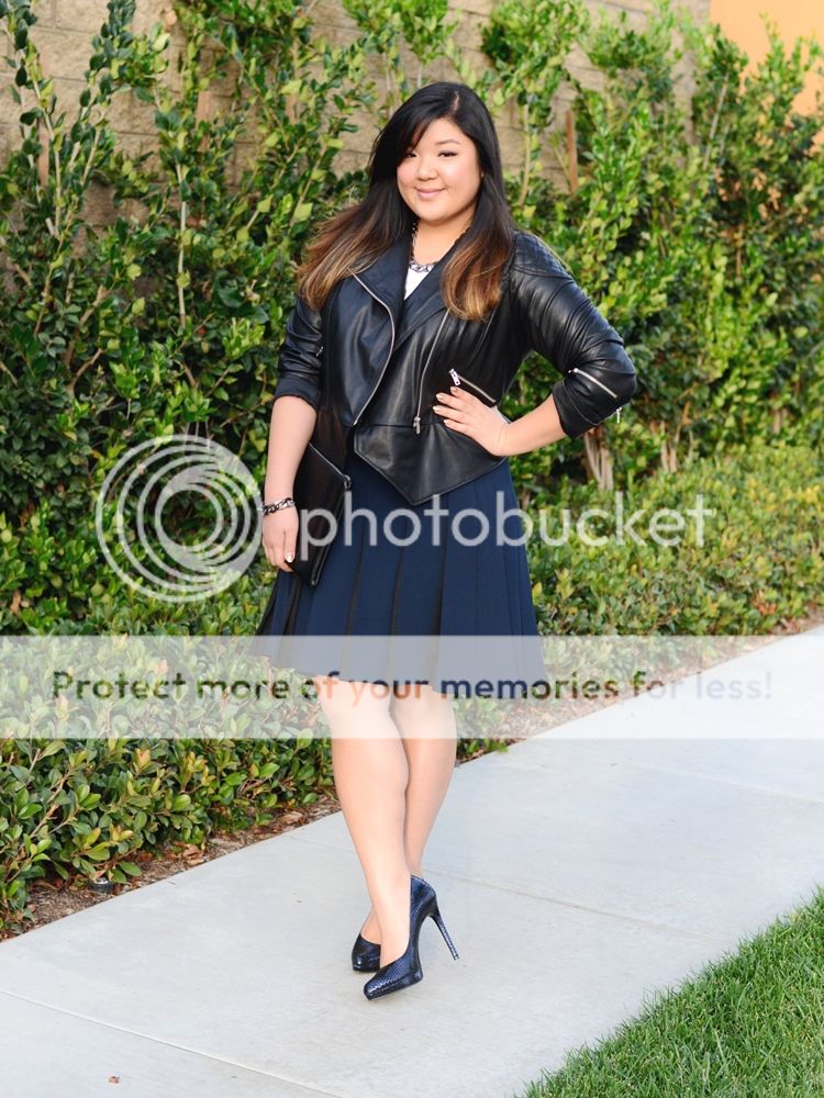 Curvy Girl Chic Plus Size Fashion Blog MYNT1792 Leather Jacket Navy Pleated Skirt