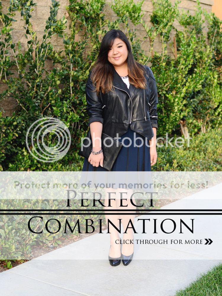 Curvy Girl Chic Plus Size Fashion Blog MYNT1792 Leather Jacket Navy Pleated Skirt