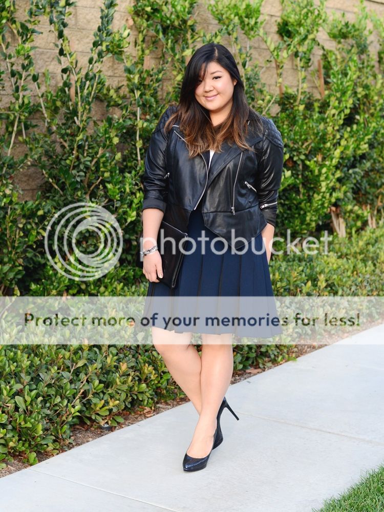 Curvy Girl Chic Plus Size Fashion Blog MYNT1792 Leather Jacket Navy Pleated Skirt