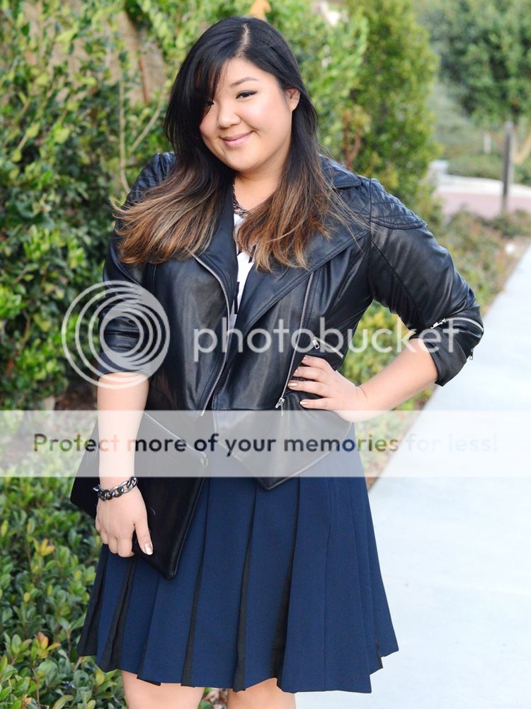 Curvy Girl Chic Plus Size Fashion Blog MYNT1792 Leather Jacket Navy Pleated Skirt