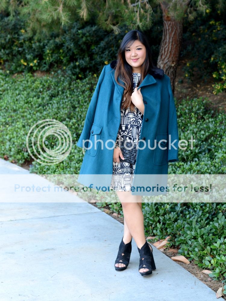 Curvy Girl Chic Plus Size Fashion Blog Talbots teal coat with black fur collar and ASOS art deco print dress