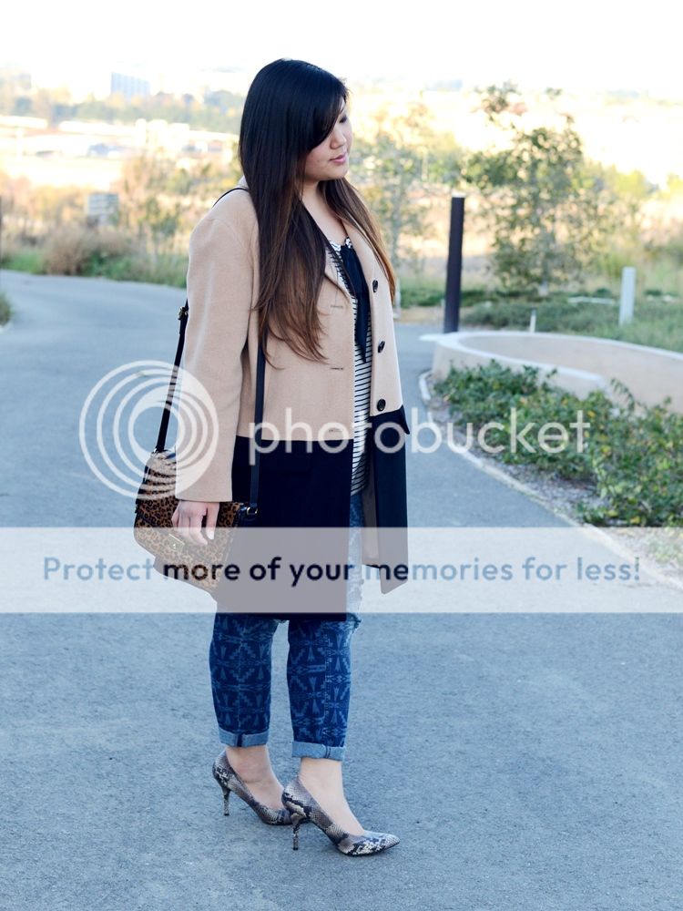 Curvy Girl Chic Plus Size Fashion Blog Outfit Talbot's Camel Coat and Printed Boyfriend Jeans