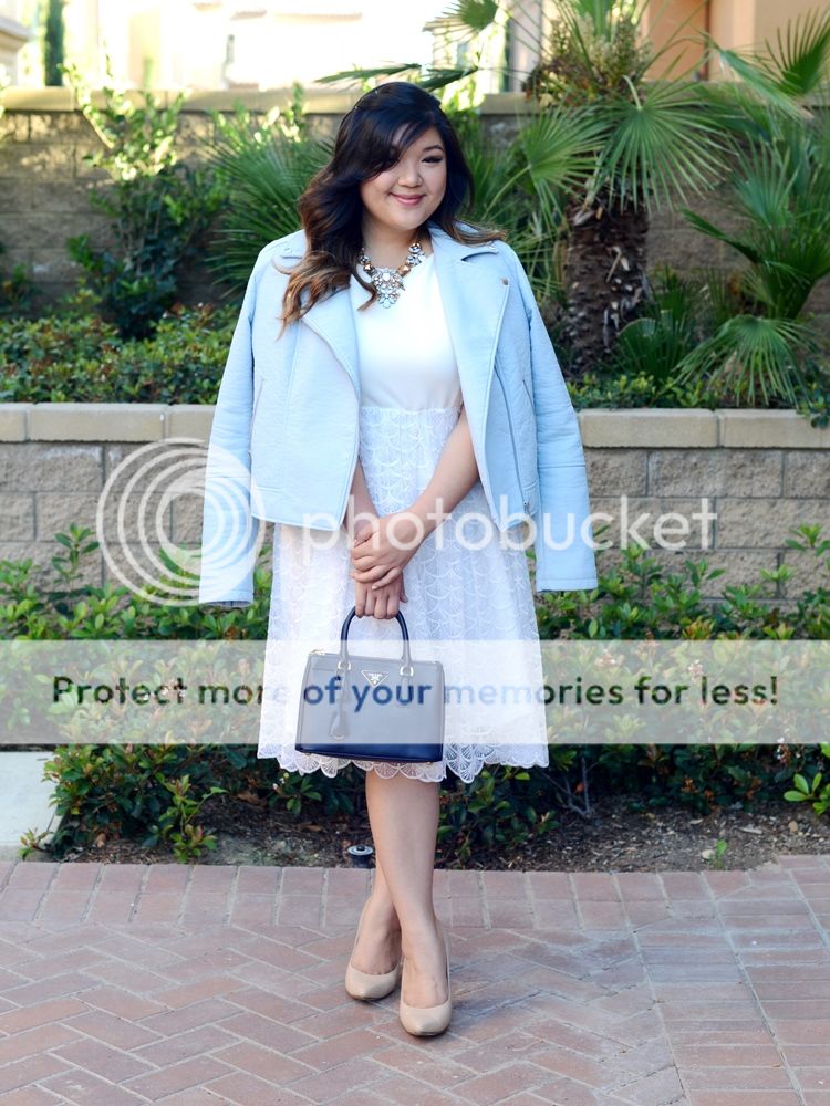 Curvy Girl Chic Plus Size Fashion Blog ELOQUII White Fan Lace Dress and Light Blue Moto Jacket