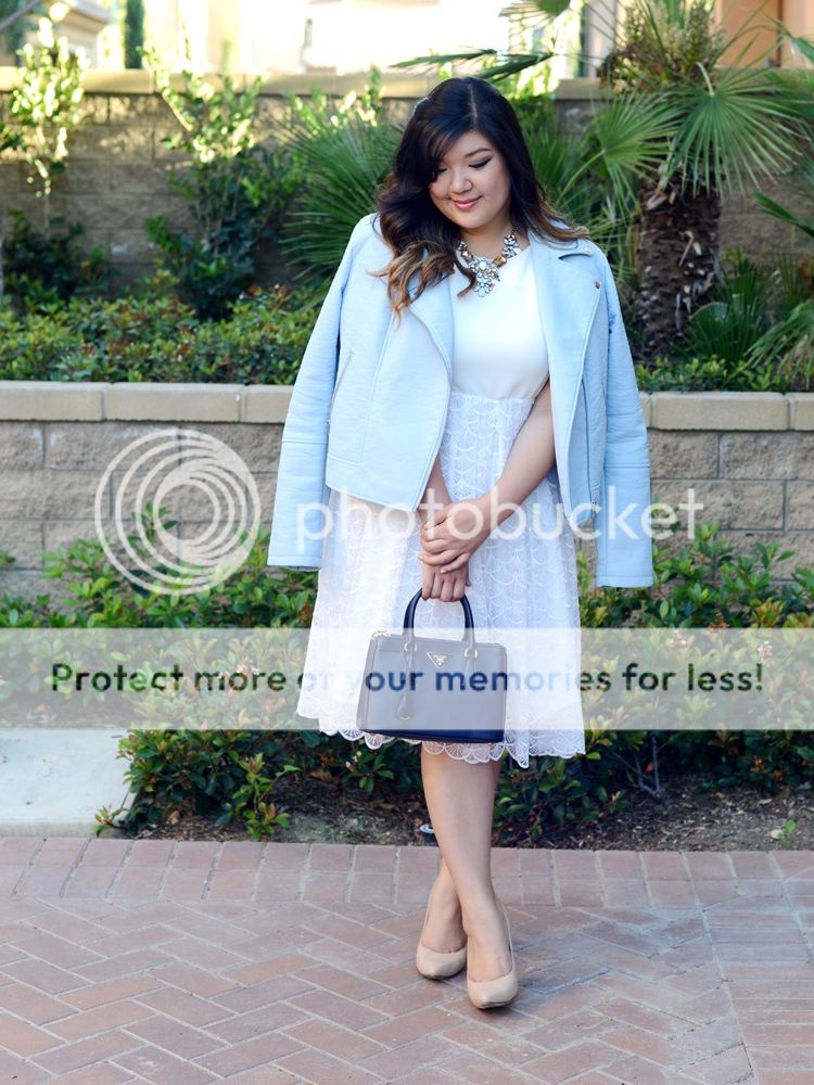 Curvy Girl Chic Plus Size Fashion Blog ELOQUII White Fan Lace Dress and Light Blue Moto Jacket