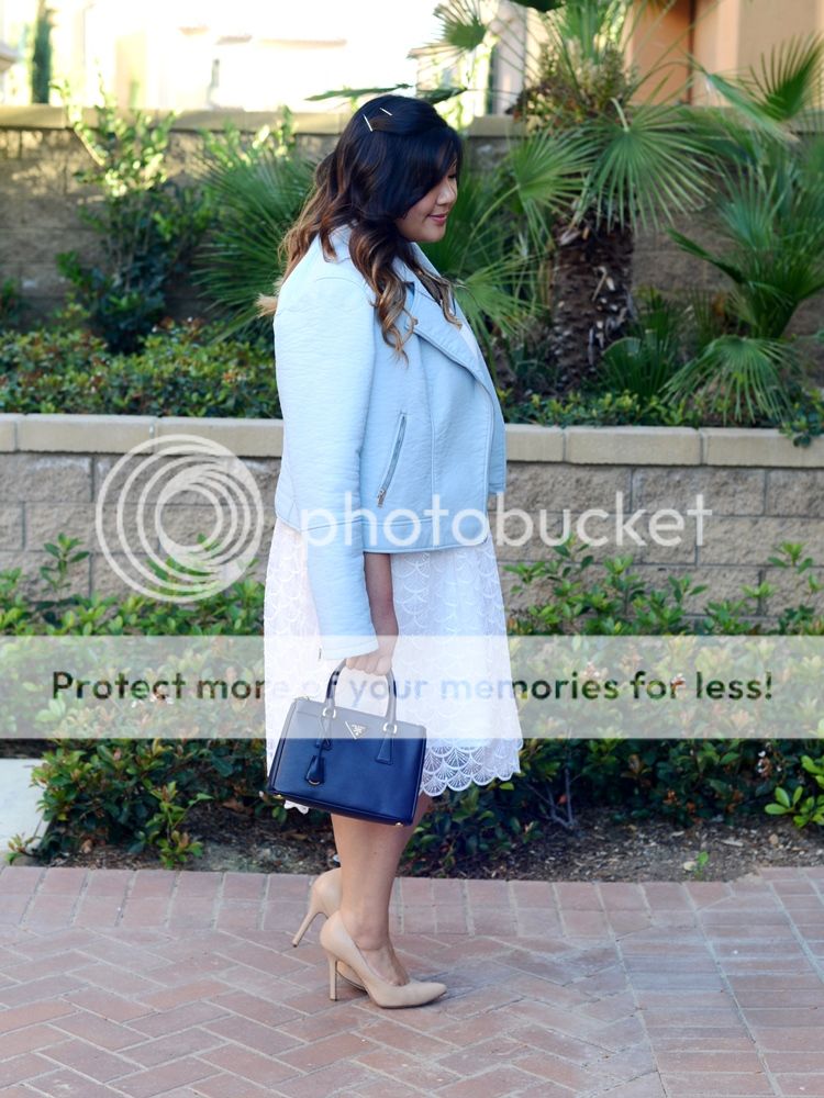 Curvy Girl Chic Plus Size Fashion Blog ELOQUII White Fan Lace Dress and Light Blue Moto Jacket