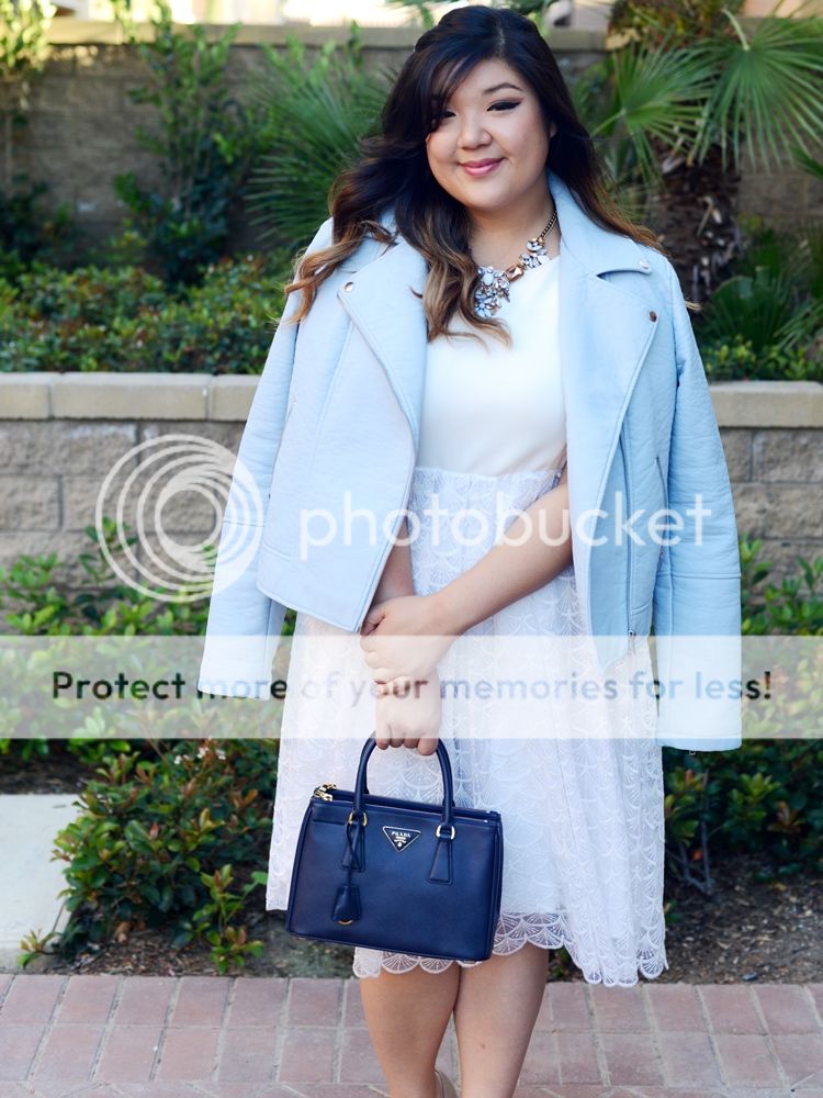 Curvy Girl Chic Plus Size Fashion Blog ELOQUII White Fan Lace Dress and Light Blue Moto Jacket