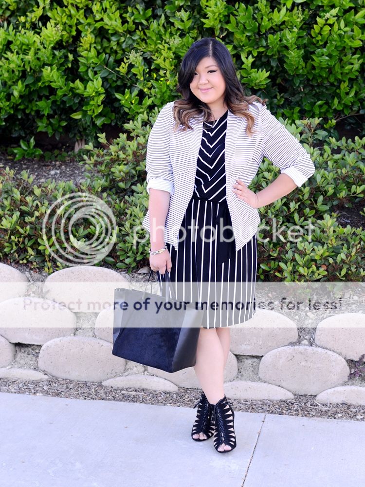 Curvy Girl Chic Plus Size Fashion Blog Target Ava and Viv Striped Outfit Ideas Black and White Striped Dress and Blazer