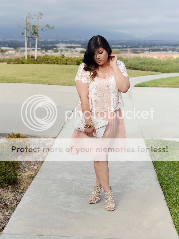 Curvy Girl Chic Plus Size Fashion Blog Charlotte Russe Plus Crochet Cardigan and Pink Pech Pleated Dress