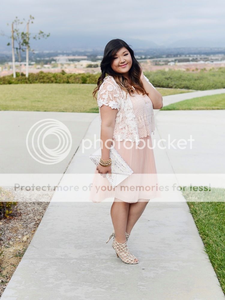 Curvy Girl Chic Plus Size Fashion Blog Charlotte Russe Plus Crochet Cardigan and Pink Pech Pleated Dress