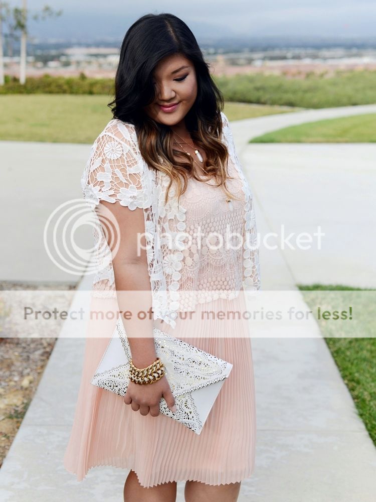 Curvy Girl Chic Plus Size Fashion Blog Charlotte Russe Plus Crochet Cardigan and Pink Pech Pleated Dress