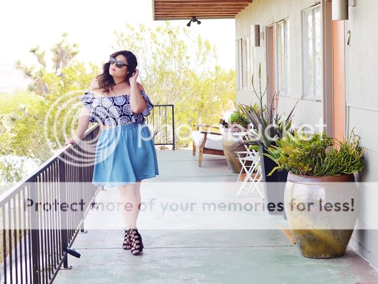 Curvy Girl Chic Plus Size Fashion Blog Coachella Festival Fashion Lookbook Torrid Insider Ruffled Printed Crop Top Denim Skirt