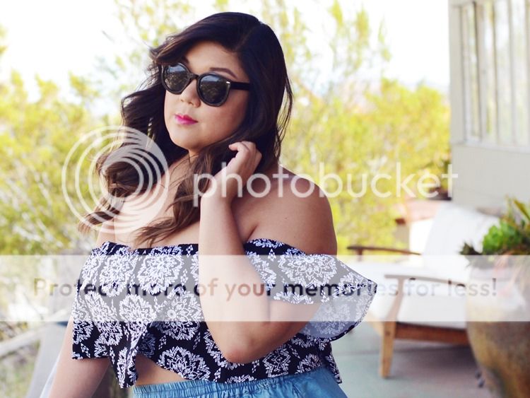 Curvy Girl Chic Plus Size Fashion Blog Coachella Festival Fashion Lookbook Torrid Insider Ruffled Printed Crop Top Denim Skirt
