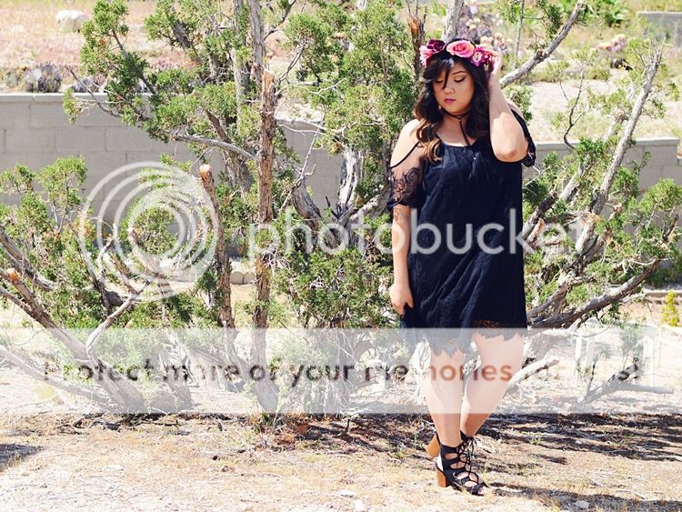 Curvy Girl Chic Plus Size Fashion Blog Coachella Festival Fashion Lookbook Torrid Insider Black Lace Cold Shoulder Dress Wide Lace Up Heels Choker