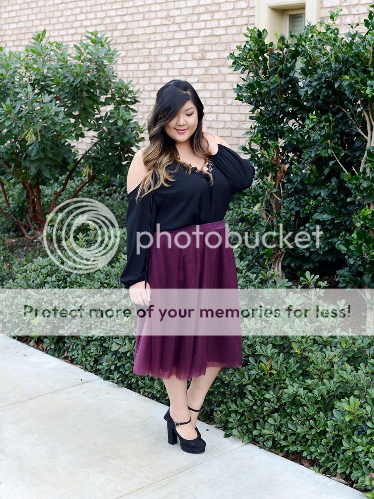 Curvy Girl Chic Plus Size Fashion Blog Charlotte Russe Cold Shoulder Top and Burgundy Tulle Midi Skirt