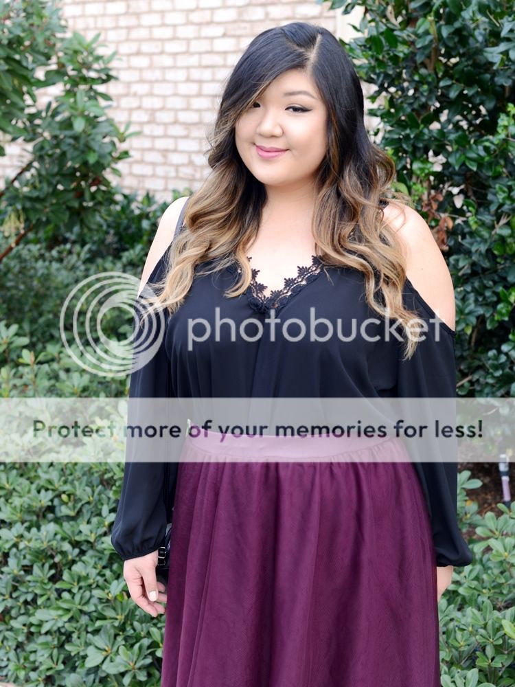 Curvy Girl Chic Plus Size Fashion Blog Charlotte Russe Cold Shoulder Top and Burgundy Tulle Midi Skirt